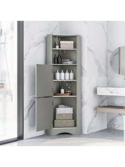 Tall Bathroom Corner Cabinet, Freestanding Storage Cabinet with Doors and Adjustable Shelves, MDF Board, Black