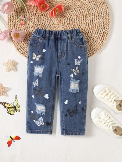 Baby Girl's Cute Outdoor Butterfly Printed Ripped Jeans