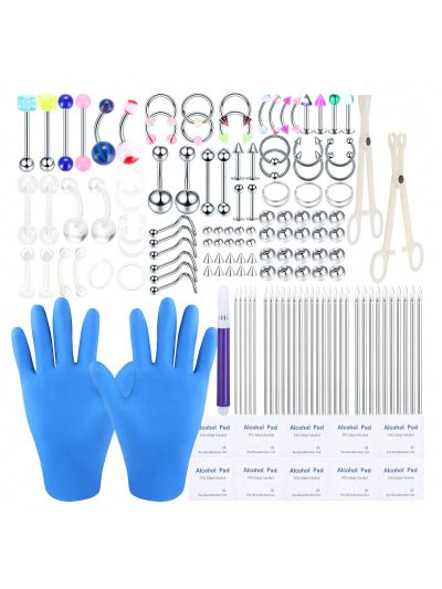 140-142PCS Body Piercing Kit Stainless Steel Acrylic 14G 16G 20G Lip Nose Belly Button Rings Tongue Tragus Cartilage Helix Eyebrow Daith Rook Earring Piercing Jewelry Tool