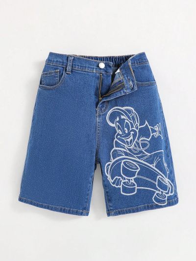 SHEIN Tween Boys' Printed Design Comfortable Elastic Waist Washed Casual Denim Shorts