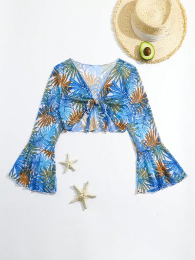 Teenage Girls' Kimono With Plant Print And Bell Sleeves