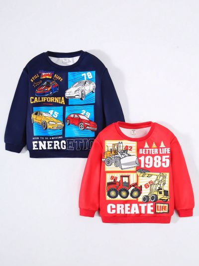 SHEIN Kids QTFun Boys' Cute And Comfortable Cartoon Pattern Round Neck Sweatshirt 2pcs/Set