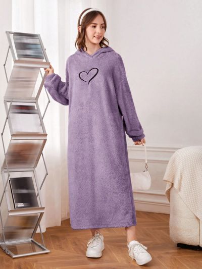 SHEIN Teen Girl Knitted Double-Sided Velvet Hoodie With Love Embroidery Pattern