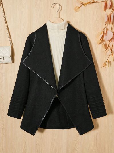 SHEIN Kids Nujoom Tween Girls' Oversized Retro Woolen Coat With Pu Trimmed Lapel Collar