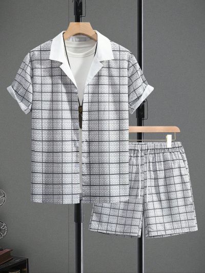 Manfinity Hypemode Men'S Short Sleeve Plaid Shirt And Shorts Set