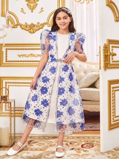 SHEIN Kids Nujoom 2pcs/Set Tween Girls' Loose Cute Floral Pattern Puff Sleeve Jacket And Dress Outfit