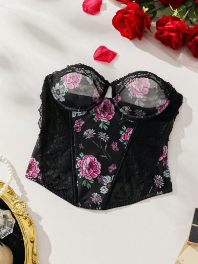 SHEIN Floral Print Contrast Lace Bandeau Underwire Corset Top