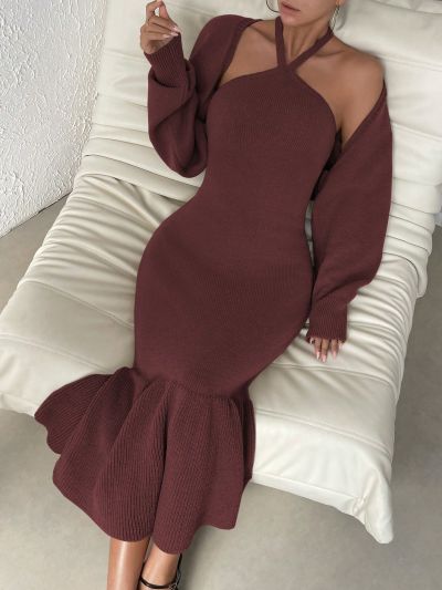SHEIN Privé Mermaid Style Hem Halter Neck Sweater Dress And Cardigan