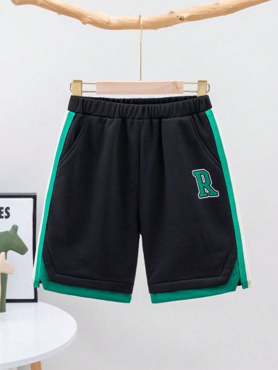 SHEIN Kids EVRYDAY Tween Boys' Mid Length Color Block Knitted Shorts With Woven Tape Detailing