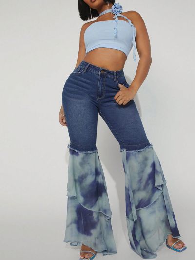 Robbin Girl Tie Dye Contrast Flare Leg Jeans