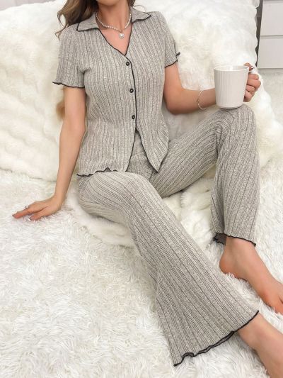 Women's Short Sleeve Homewear Set With Color Block Design