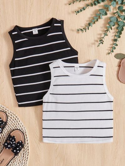 SHEIN Kids EVRYDAY Tween Girl 2pcs/Set Knitted Black & White Striped Loose Fit Sleeveless Top