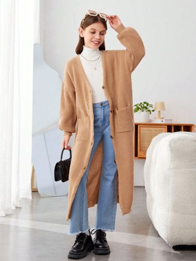 SHEIN Kids EVRYDAY Tween Girls' Casual Loose Fit Drop Shoulder Cardigan Sweater With Large Pockets, Long Sleeves