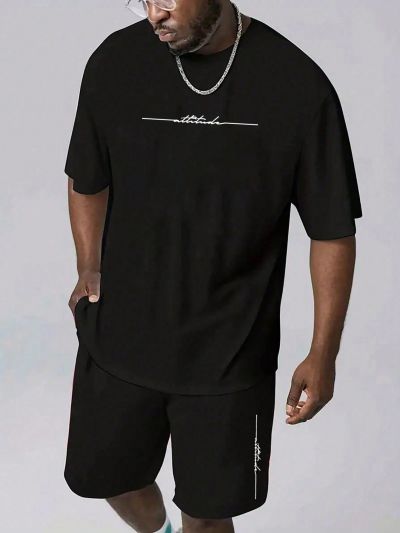 Men's Plus Size Printed Black Round Neck Short Sleeve T-shirt And Shorts Two Piece Set