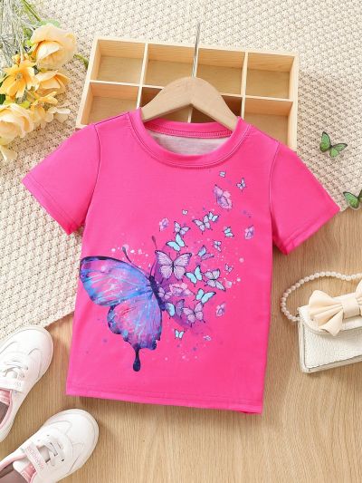 SHEIN Kids EVRYDAY Young Girls' Butterfly Printed Short Sleeve T-Shirt