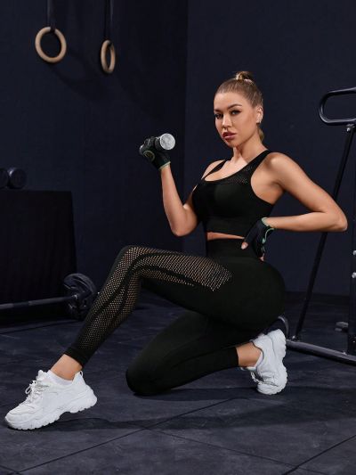 SHEIN Yoga High Street Women's Mesh Patchwork Slim Fit Sports Suit