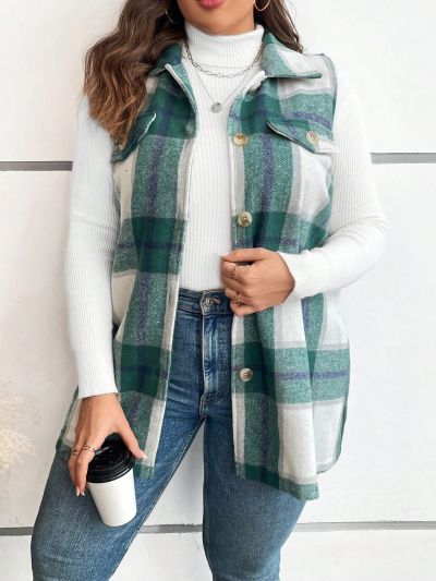 SHEIN CURVE+ Plus Plaid Print Flap Detail Vest Overcoat