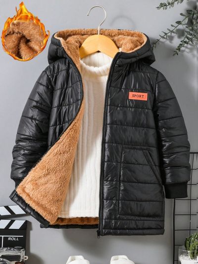 SHEIN Kids EVRYDAY Young Boy Letter Patched Detail Teddy Lined Hooded Thermal Lined Zipper Hooded Puffer Coat