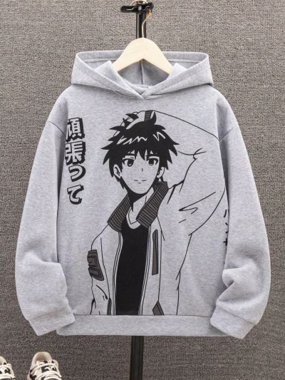 Teen Boys' Japanese Printed Hoodie, Street Style Casual Outfit