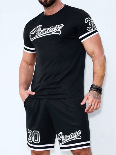 Basketball Men'S Letter Print Striped Decor Rim Basketball Uniform Sports Set