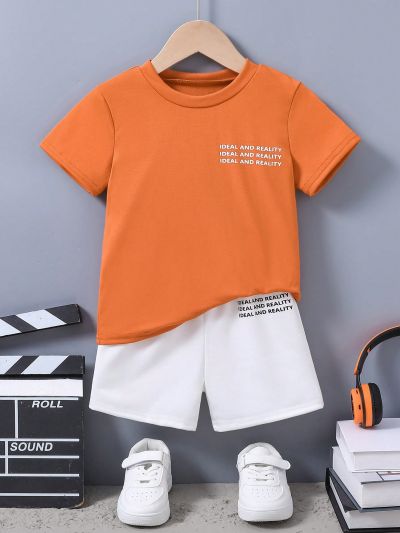 SHEIN Young Boy 2pcs/Set Letter Pattern Short Sleeve T-Shirt And Shorts