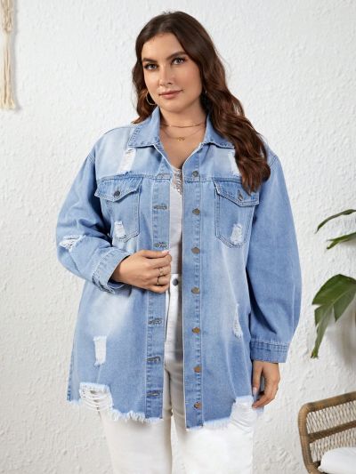 Plus Size Washed & Cut & Frayed & Side Slit Denim Jacket