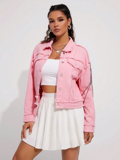 Women'S Frayed Edge Chain Decorated Denim Jacket