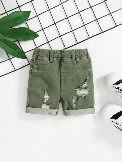 SHEIN Baby Boy's Ripped Washed Distressed Rolled Hem Summer Denim Shorts With Elastic Waistband