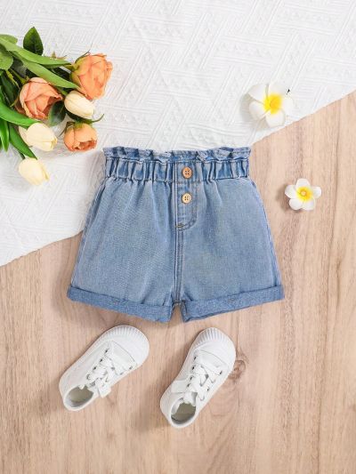 SHEIN SHEIN Young Girls' Spring Summer  Boho,Lovely Ruffle Trim Elastic Waistband Decorated Button Comfortable Soft Denim Shorts Jeans Shorts