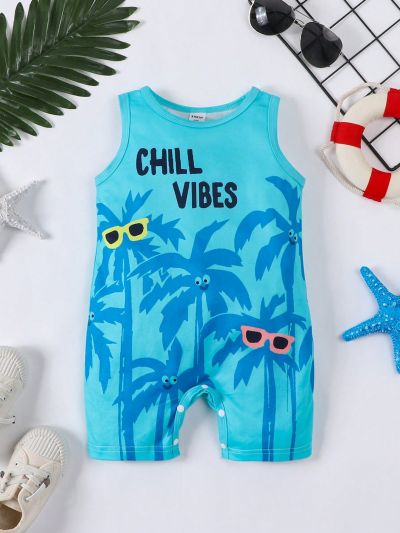Baby Boys' Casual Cute Location Printed Round Neck Sleeveless Romper Shorts For Summer