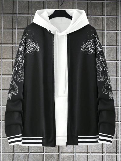 Extended Sizes Men's Plus Size Dragon Printed Jacket