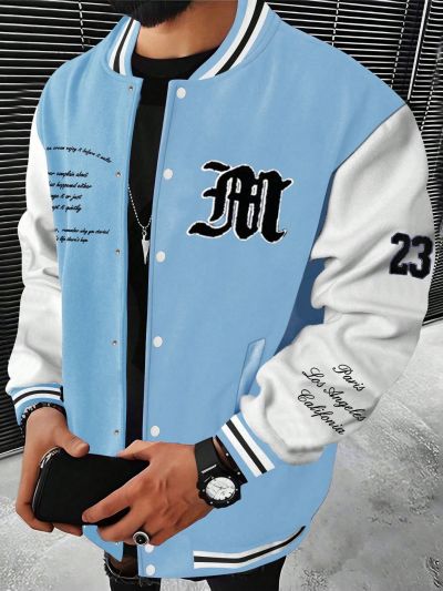 Extended Sizes Men's Letter Patchwork Baseball Jacket