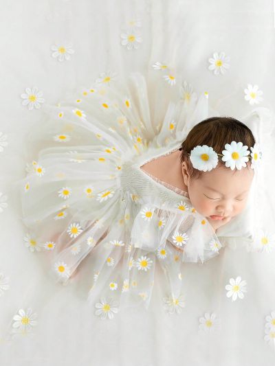 Newborn Baby Girls' Sunflower & Daisy Mesh Romper Dress & Braided Headband Outfit Set