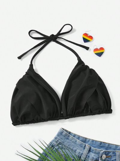 SHEIN Swim Vcay Plus Size Solid Color Halterneck Swimsuit Top