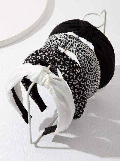 4pcs/pack Ladies' Black & White Leopard Print Fabric Knot Headband, Versatile Style