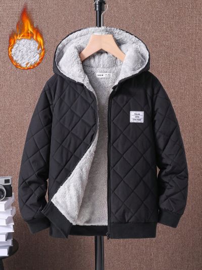 SHEIN Kids EVRYDAY Boys' Letter Print Hooded Fleece Lined Jacket For Children, Winter