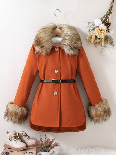 SHEIN Kids KDOMO Girls' Woolen Coat With Fur Collar, For Older Children