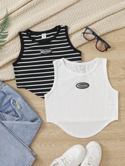 SHEIN Kids HYPEME Tween Girls Retro Simple Street Knitted Sleeveless Vest, Multi-Pack