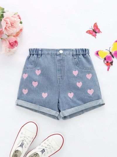 Little Girls' Basic, Cute And Comfortable Elastic Waistband Denim Shorts, With Pink Heart Embroidery