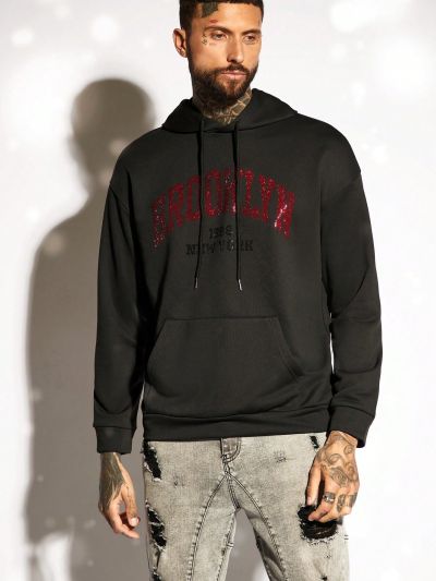 Manfinity LEGND Loose Fit Men's Hooded Sweatshirt With Glitter Print Letter Design And Kangaroo Pocket