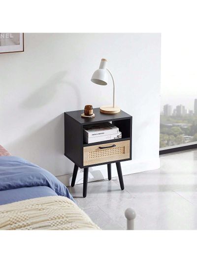 Solid Wood+MDF 15.75" Rattan End table with Power Outlet & USB Ports , Modern nightstand with drawer and solid wood