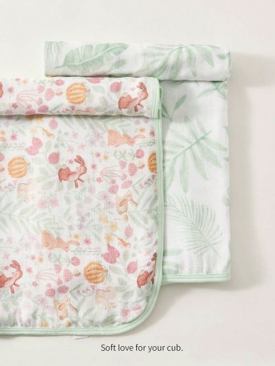 Cozy Cub Cozy Cub 2pcs/Set Spring/Summer Bound Edge Swaddle Blanket (Pumpkin Rabbit + Green Leaves)