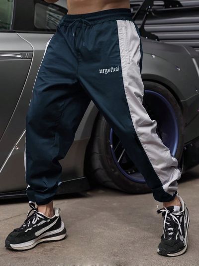 Men's Letter Pattern Drawstring Waist Side Seam Spliced Sports Pants