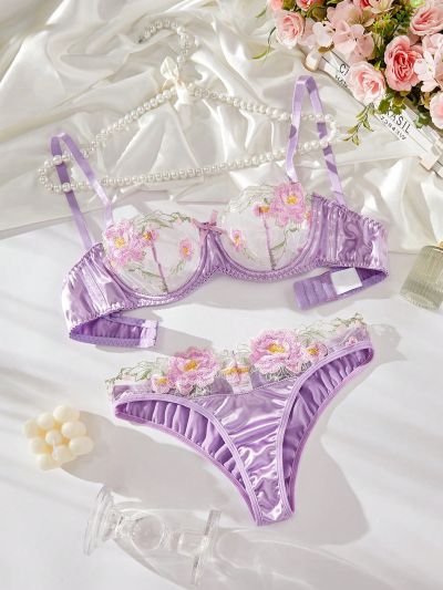 Ladies' Floral Embroidery Mesh Lingerie Set