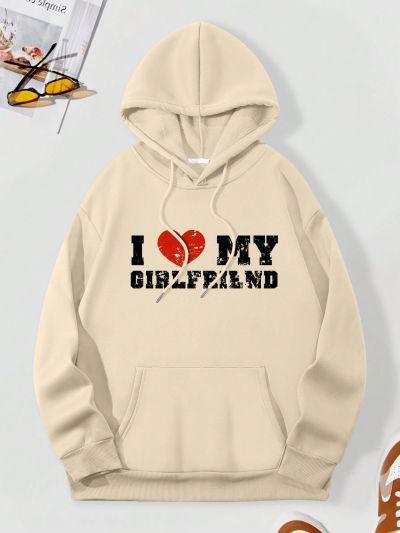 Men's Plus Size Hoodie With Slogan And Heart Print