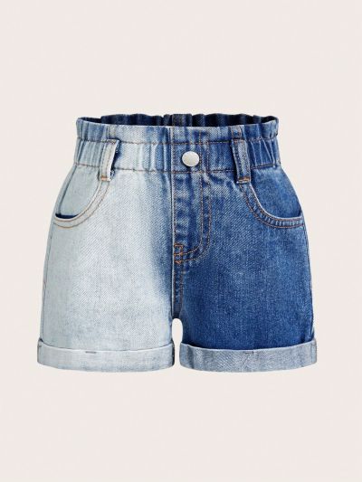 SHEIN Young Girls' Stylish And Novel Water Wash Denim Shorts, Casual Deep And Light Color