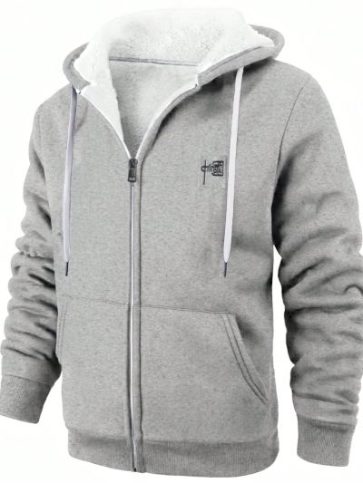 Men's Chinese Embroidered Kangaroo Pocket Fleece Lined Zip Up Hoodie