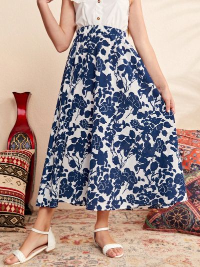 SHEIN Kids Nujoom Tween Girls' Loose Fit High Waist Floral Pattern Long A-Line Skirt