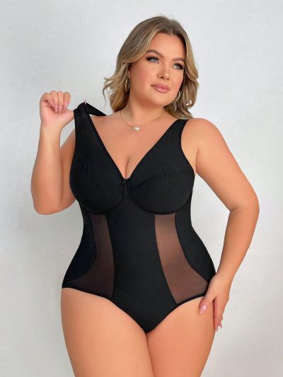 Plus Size Deep V-Neck Mesh Insert Corset Bodysuit