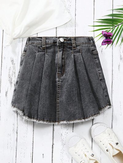 Girls' Denim Skort With Frayed Hem And Pleated Detail At Hem